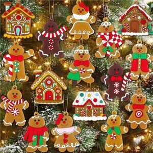 Gingerbread man ornaments set with gingerbread house Christmas tree decorations
